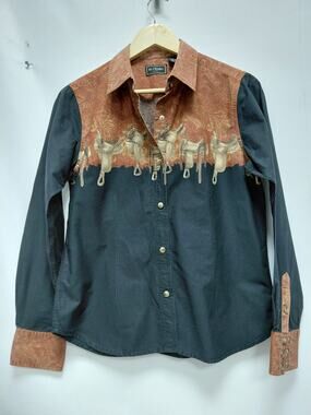 Bits & Bridle Western Shirt Black Brown Graphic Print Long Sleeve Size M